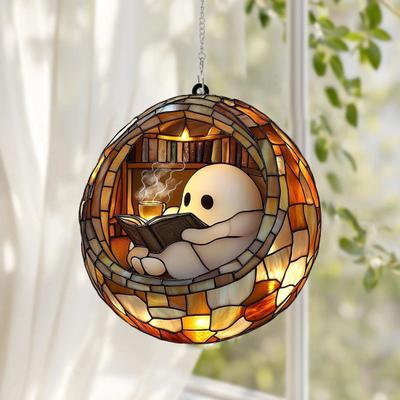 Decoração Apanhador de Sol Fantasma de Leitura de Halloween Cadeira Suspensa Fantasma de Desenho Animado Vitral Acrílico Plano 2D Parede Janela Pendurada Placa Ornamento