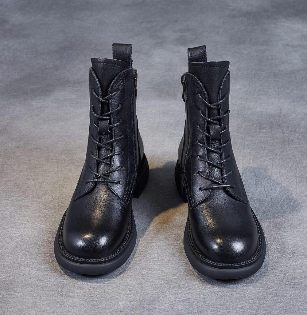 ZUYEE Genuine Leather Low Side Short Easy to Walk Size Women's Lace-Up Boots, Heel, Zip, Boots, Soft, Casual, in, Black, 23.5cm