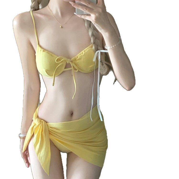 Bikini swimsuit female sexy pure desire yellow small breasts gather white hot spring vacation summer babes