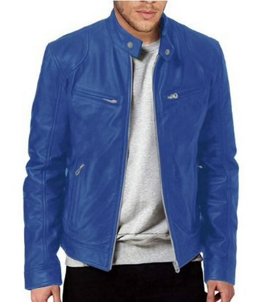 Men's European & American Stand-up Collar Punk Motorcycle Leather Jacket with Logo