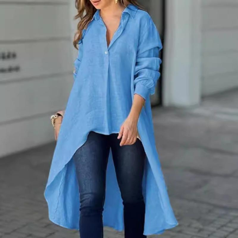 Camisa Casual de Color Sólido para Mujer, Manga Larga, Holgada, Cuello Solapa