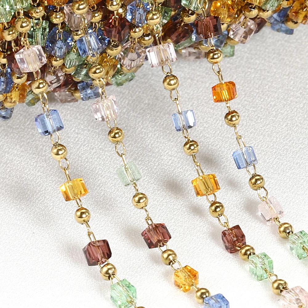 1M Stainless Steel Gold Color Chain Colorful Crystal Beads Chains for DIY Women Necklaces Bracelets Jewelry Making Accessories