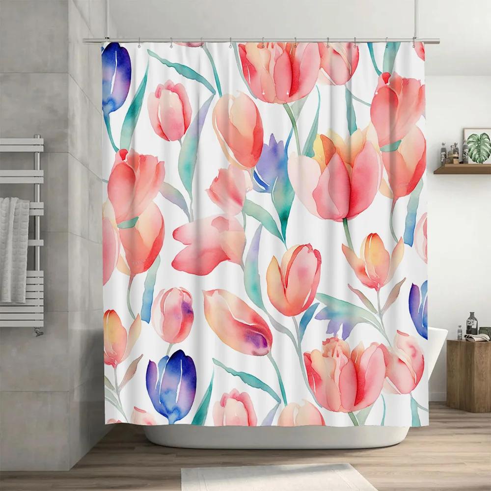Watercolor Tulip Shower Curtain Decor For Bathroom Soft Fabric With Hooks Included In Multiple Colors