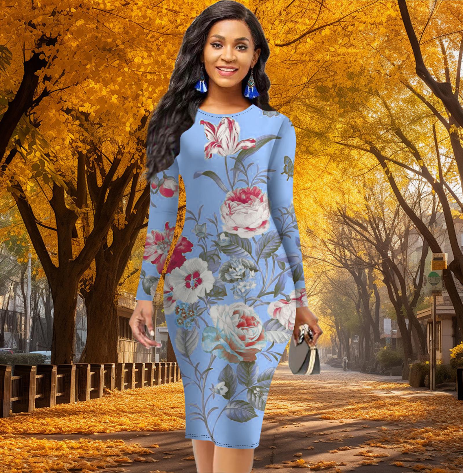 

Длинный рукав, облегающее, офисное, облегающее, с принтом пионов, элегантное облегающее платье 8XL светло-синий