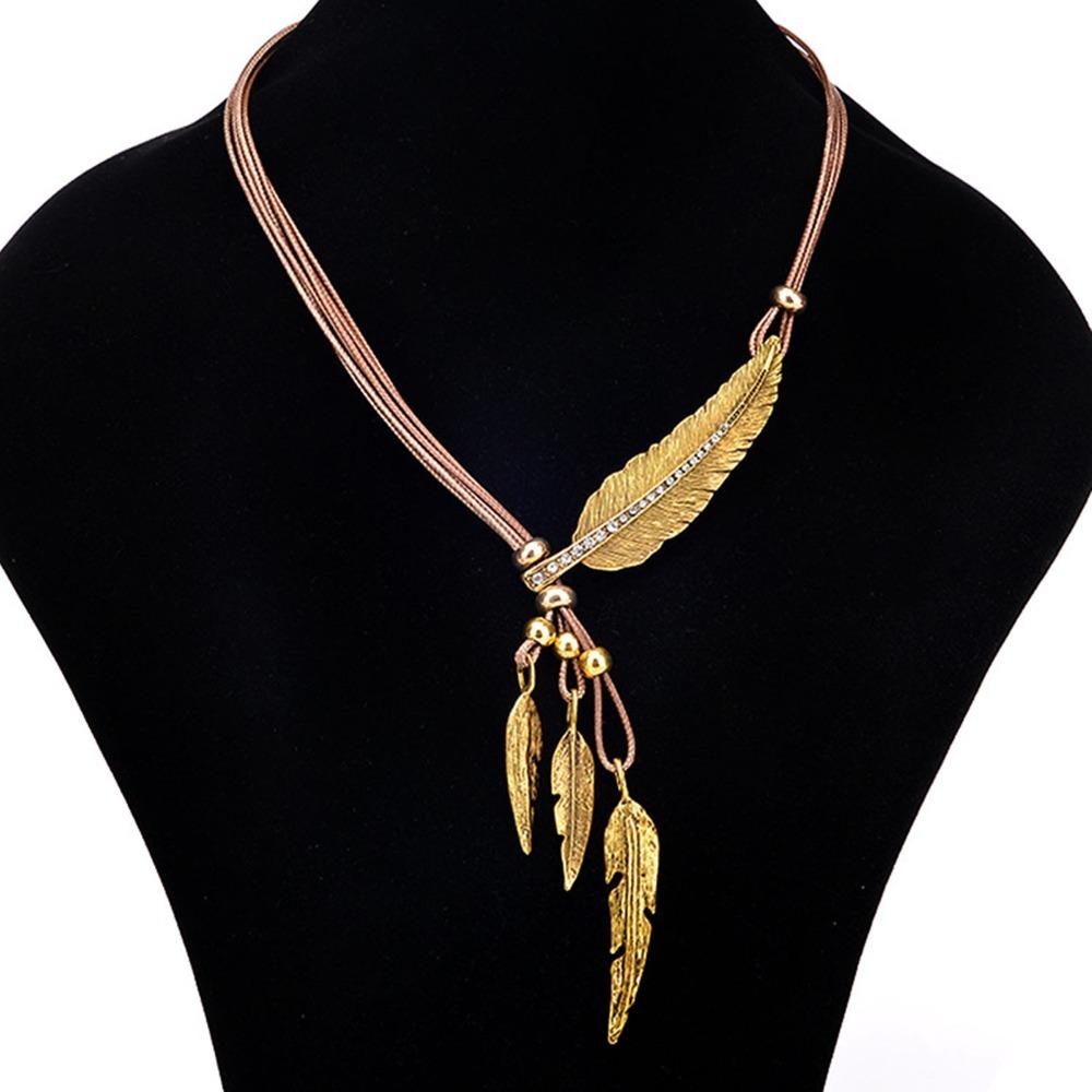 Rhinestone Golden Feather Necklace Zinc Zinc Alloy Leaves Neck Pendant Leather Rope Tassel Necklace  Gift