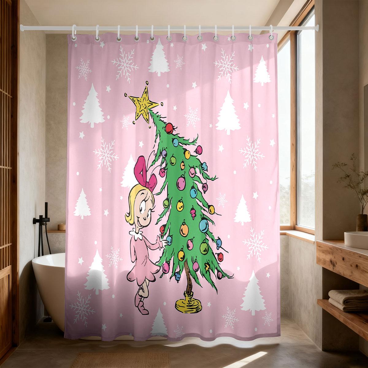 

1Pc Pink Cartoon Christmas Tree Print Waterproof Shower Partition, Privacy Hanging Curtain With 12 Hooks Multiple Size W60H190(CM)-1 Pcs