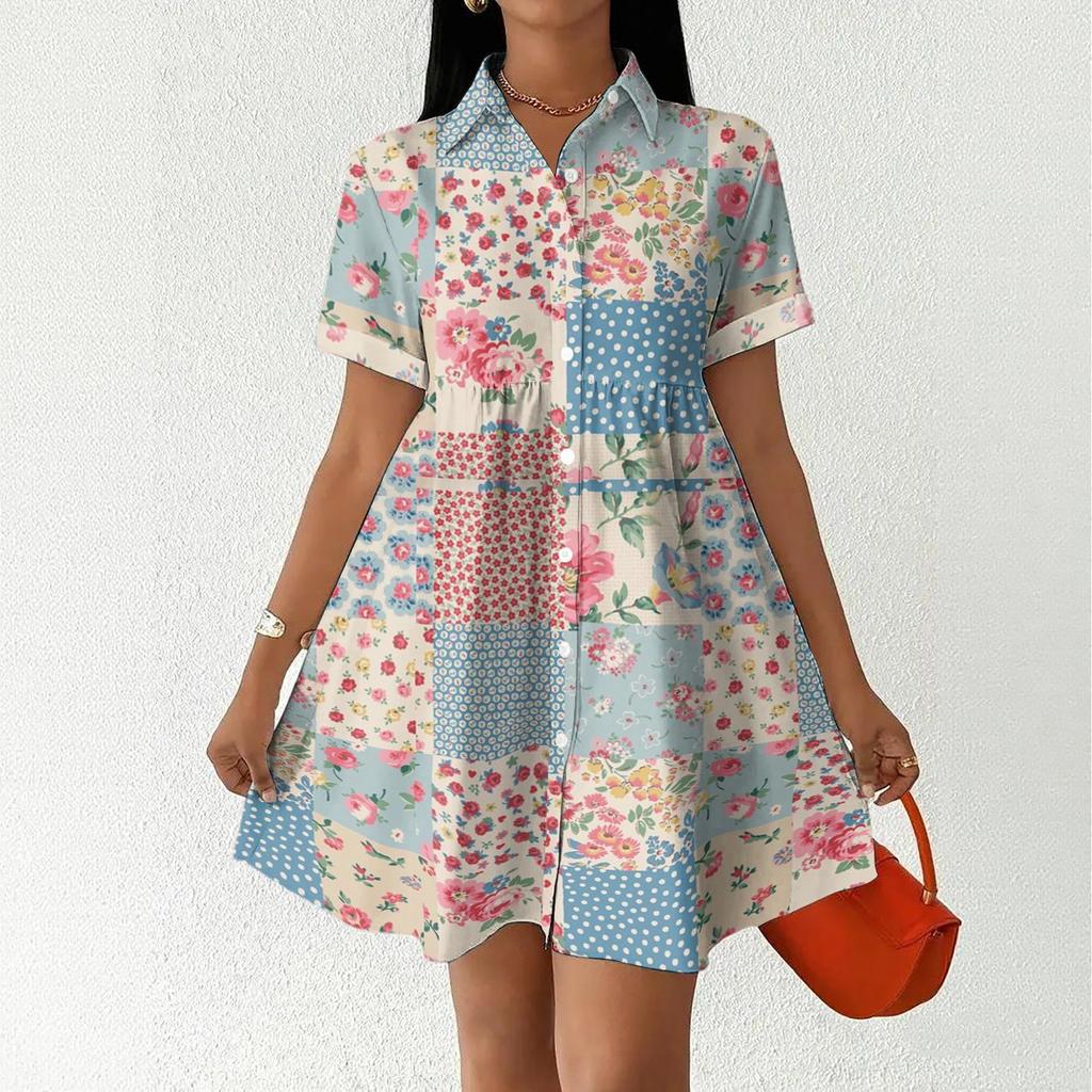 Women’s Casual Loose Fit Shirt Dress Button Front Stand Collar Short Sleeve Relaxed Tunic Dress with Geometric Print