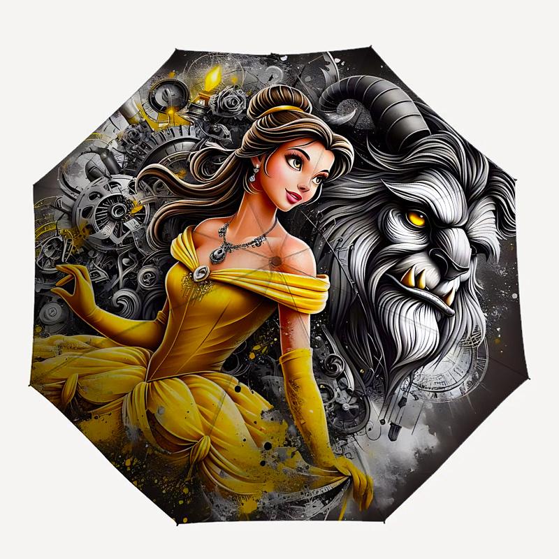 Disney Belle, Beast Automatic Open/Close Umbrella - Cute Umbrella with Cute Design, Portable 3-Fold Compact Umbrella for Men & Women, Valent