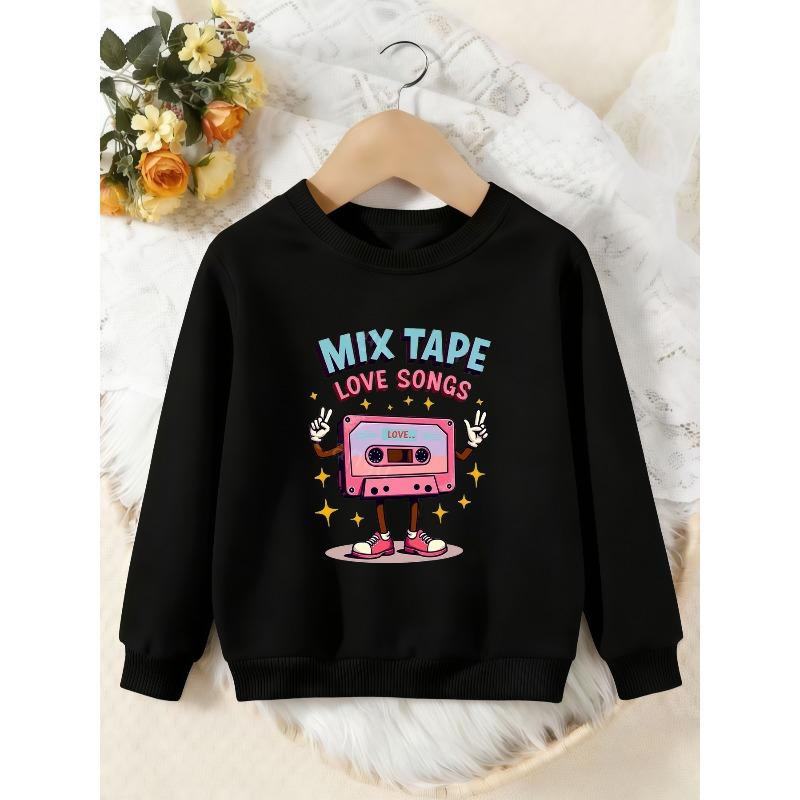 Unisex Kids Crewneck Sweatshirt, Retro Mix Tape Love Songs Cartoon Cassette Print Pullover, Boys Girls Vintage Sweatshirt For Kids Over 4 Years Old