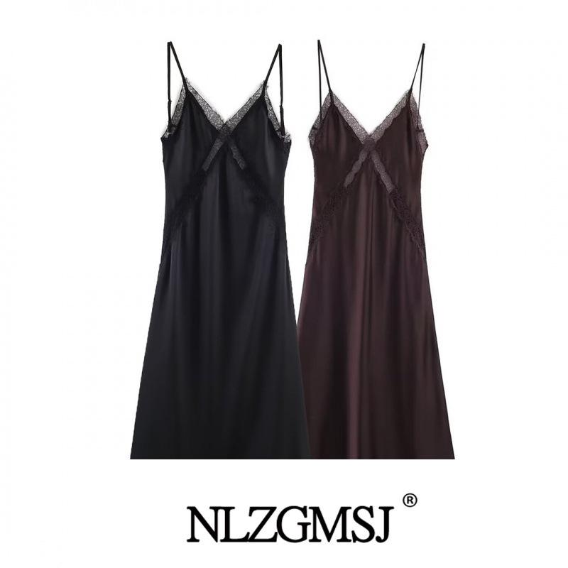 Winter 2025 European Style Lace Silk Satin Dress Medium