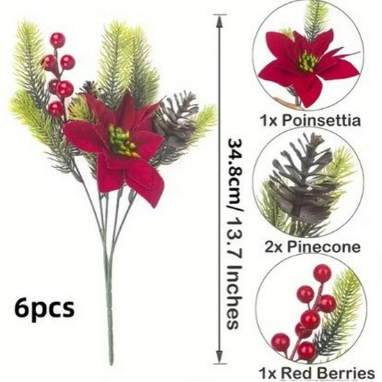 Holiday Artificial Bouquet: Pine Needles, Red Berries, Poinsettia, Faux Flowers for Christmas Home Decor