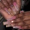 24Pcs Long Coffin False Nails with Love Rhinestone Design Pink French Ballet Fake Nails Manicure Tips Wearable Press on Nails