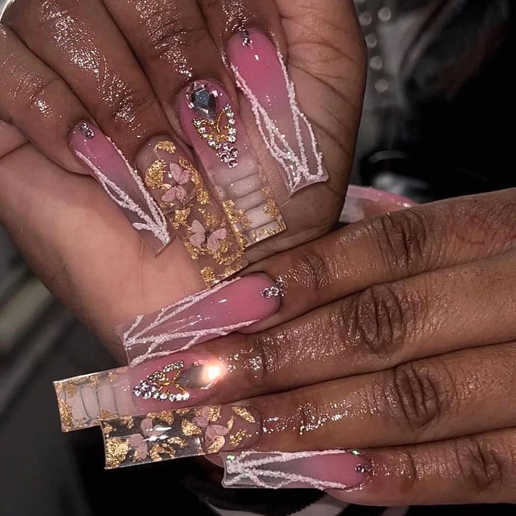 24Pcs Long Coffin False Nails with Love Rhinestone Design Pink French Ballet Fake Nails Manicure Tips Wearable Press on Nails
