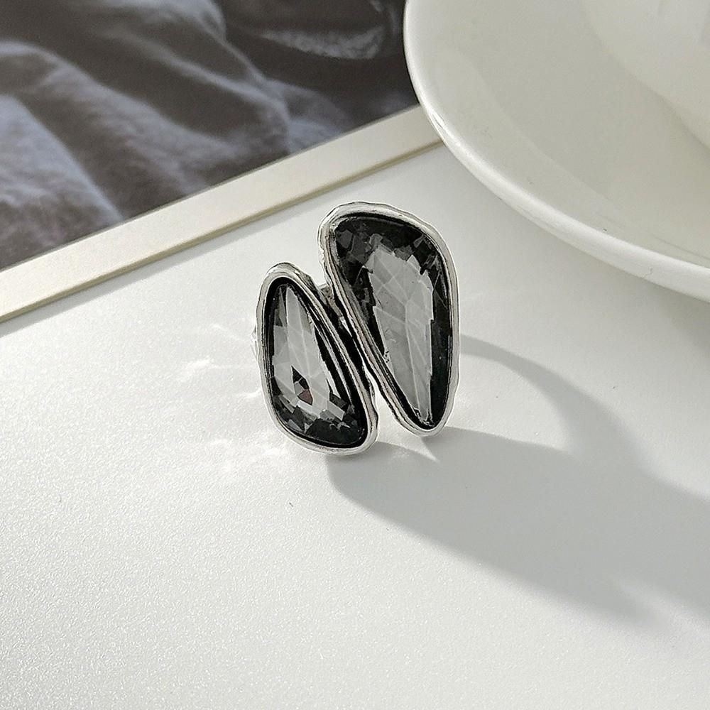 Goth Crystal Zircon Ring Grey Square Finger Rings Fashion Accessory Open Rings  Women