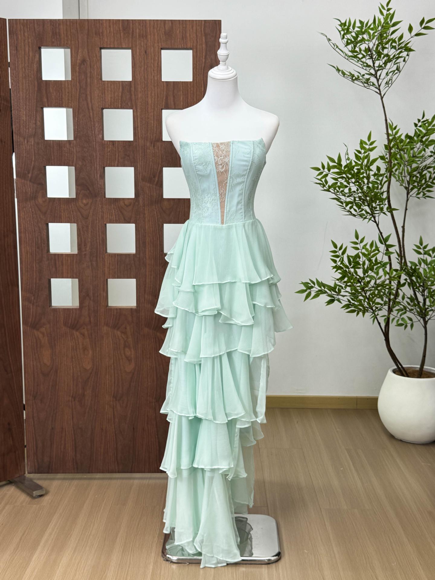 2026 Hepburn Style Strapless Fishbone Slit Gown S зелёный