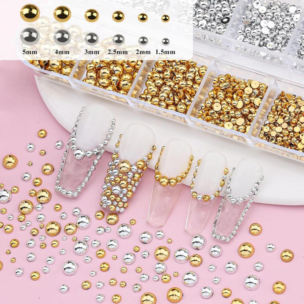 12-Grid Nail Art Set: Glass Rhinestones, Mini Steel Beads, Flat-Bottom Half Pearls for Decoration.