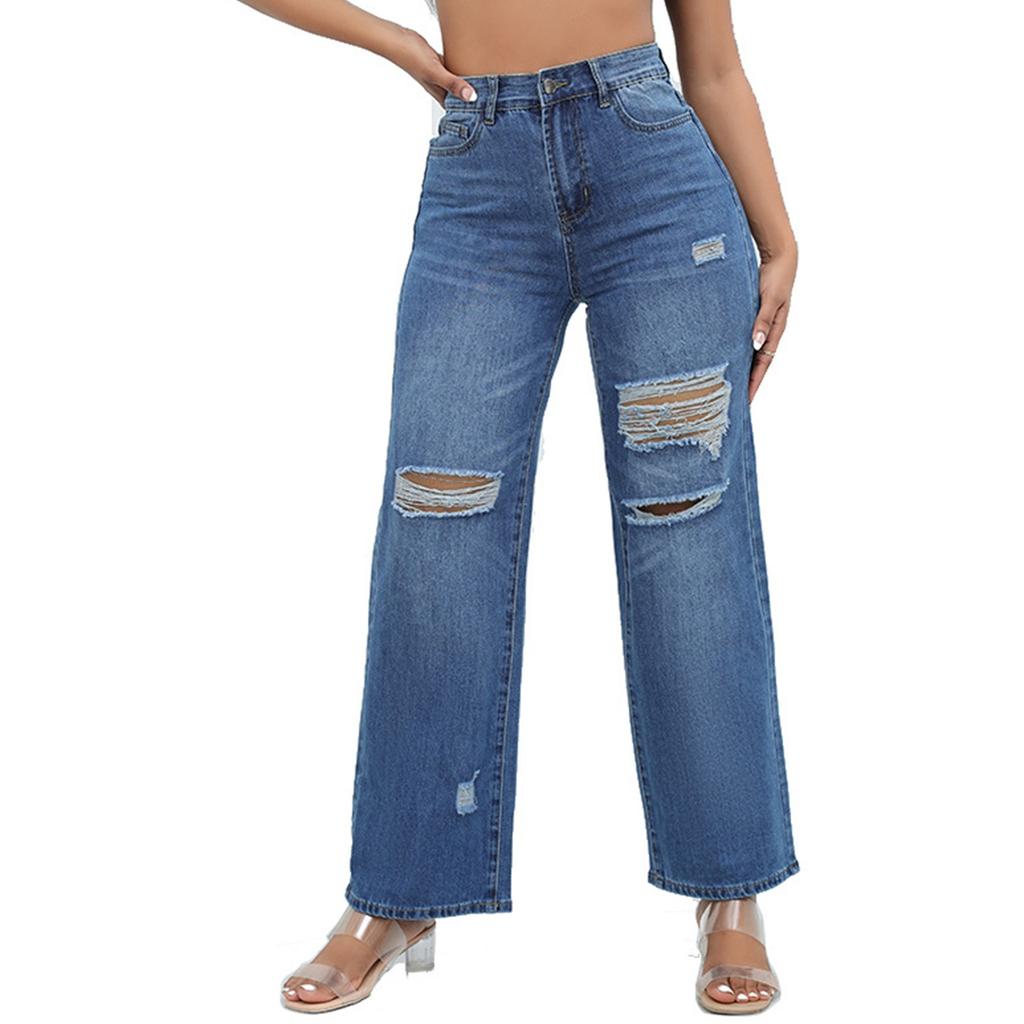 Jeans Women's Ripped Pocket Retro High Waisted Straight Leg Pants
