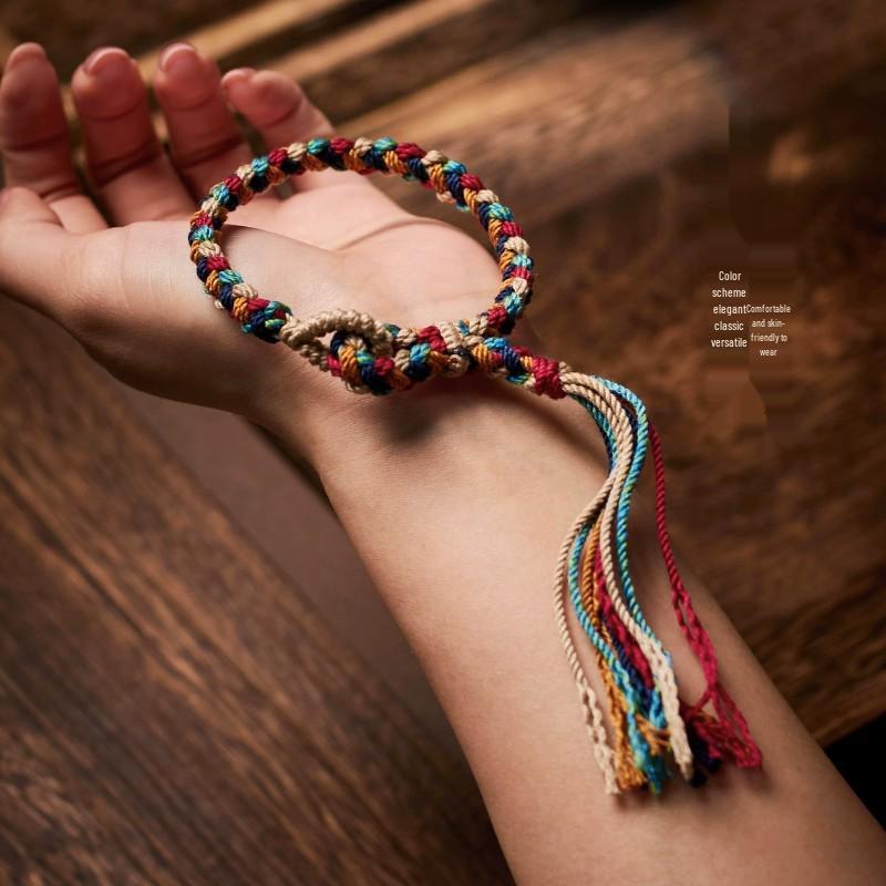 Tibetan Five-Color Handwoven Adjustable Cord Bracelet with Tassel