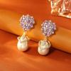 Elegant Zircon Drop Pearl Earrings Women French Vintage Style Sterling Post Gold Plated Geometric Design