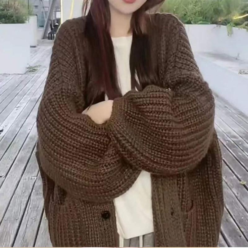 

Мягкий зеленый ленивый ветер кардиган куртка свитер женский осень и зима свободный длинный рукав трикотаж верхняя одежда топы удобный универсальный и модный One size темно-коричневого