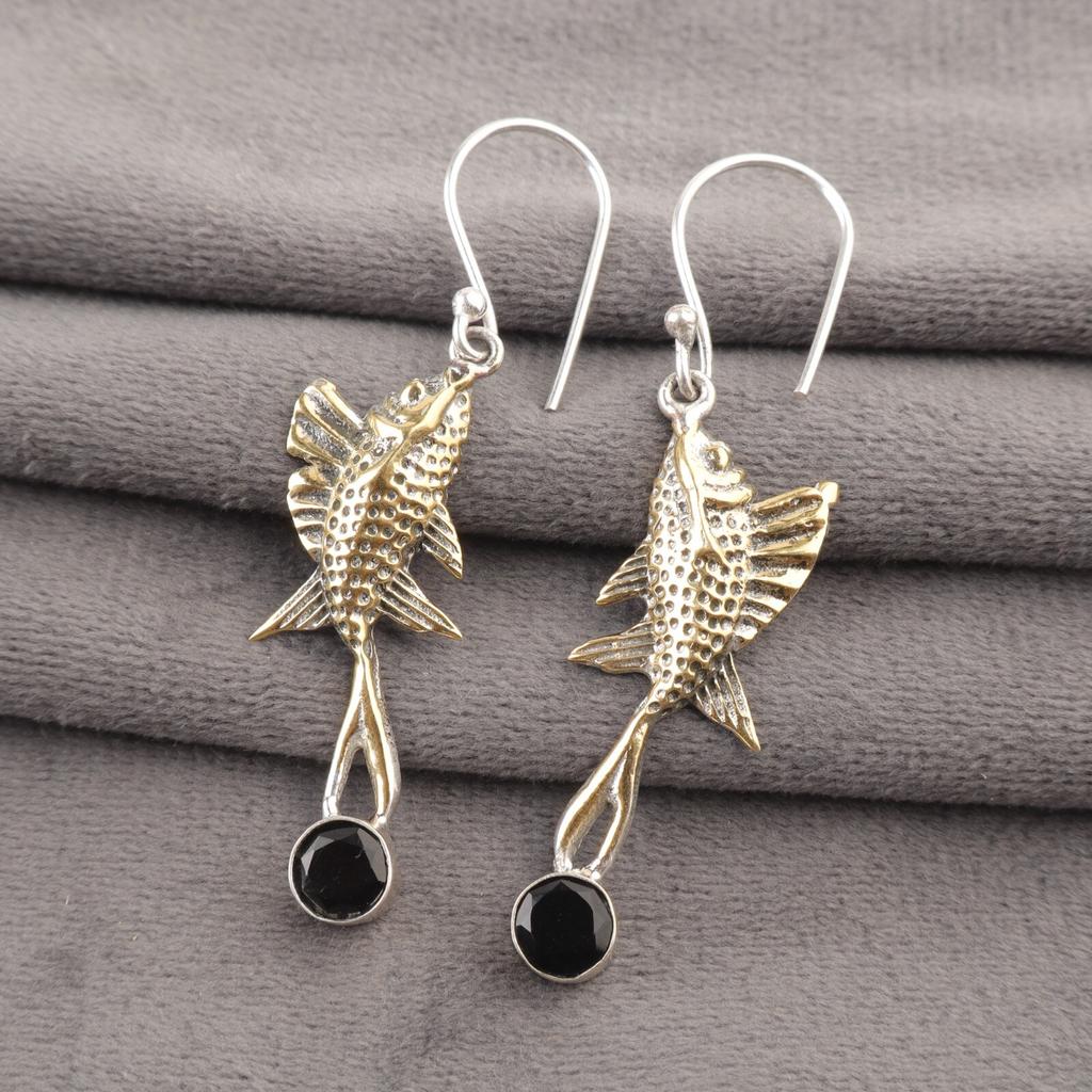 Round Black Onyx Stone Sterling Silver Hook Dangle Drop Handmade Unique Earrings EE-148-7