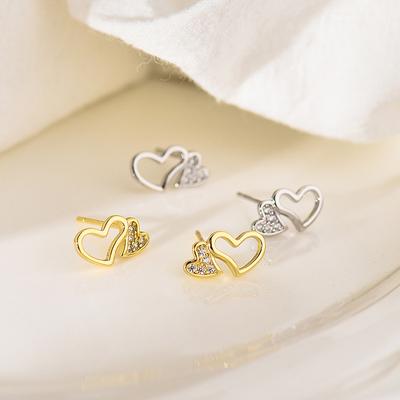 Diamond-inlaid Hollowed-heart Earrings Double Heart-shaped Earrings Small Sweet Earrings New Style Light Luxury