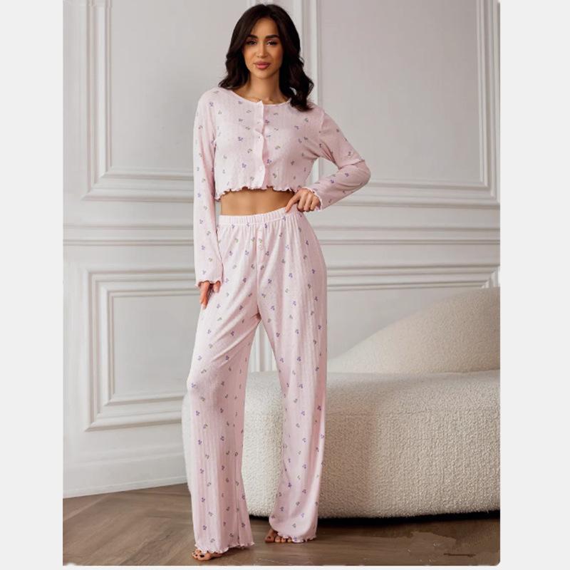 2026 New Arrival Women Knitted Printed Pajama Set, Long Sleeve Cardigan  Long Pants, Loose Casual Summer Loungewear S розовый