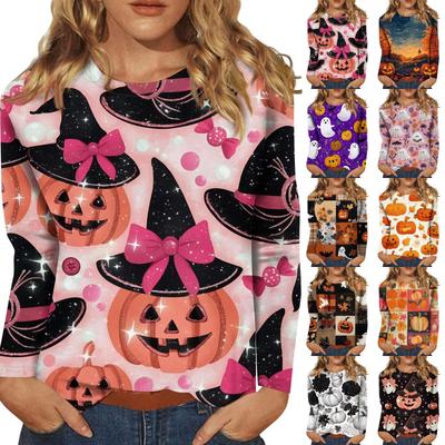 Women's Long-sleeved Loose-necked Halloween Print Casual Top, Suitable for Holiday Parties