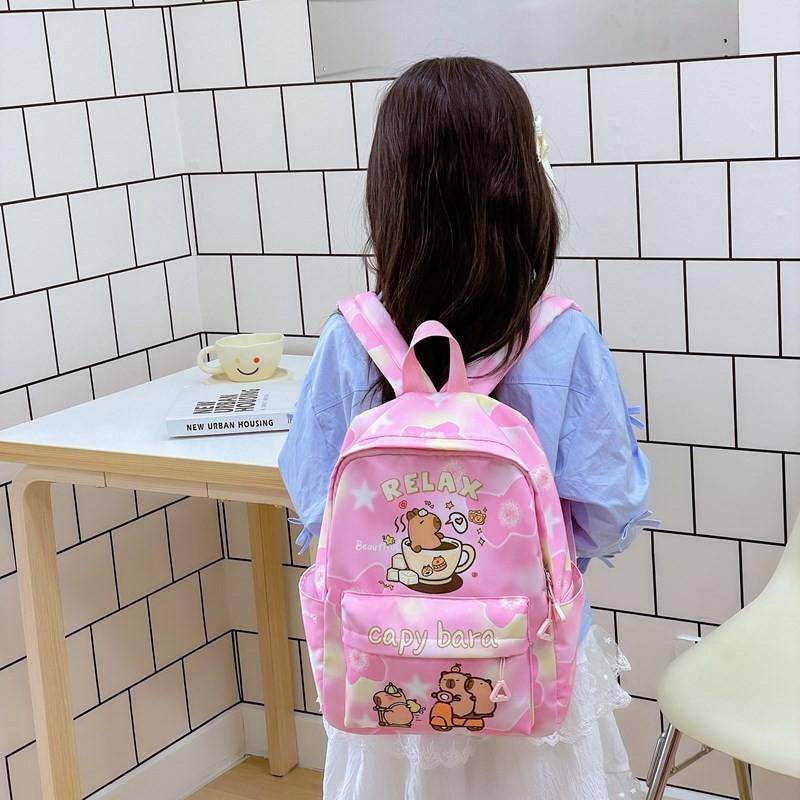 Cute Girl Backpack Featuring Cartoon Capybara Pattern And Ergonomic Shoulder Straps For Elementary Students