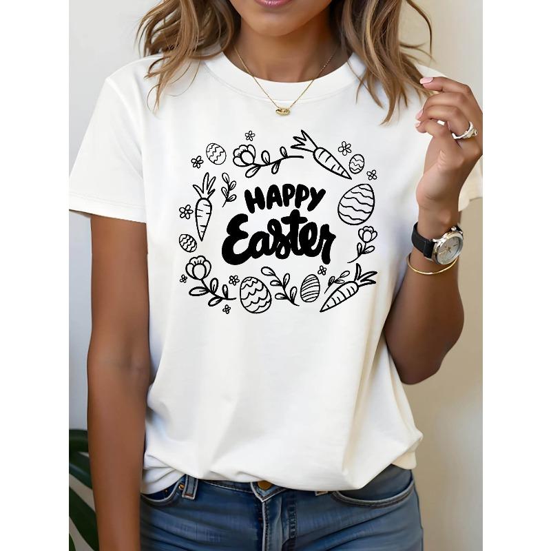 

Women s Easter Black & White Hand-Drawn Theme T-Shirt - Carrot & Egg Decor Graphic Casual Short Sleeve, Minimalist Fresh Festive Commute Top 4XL
