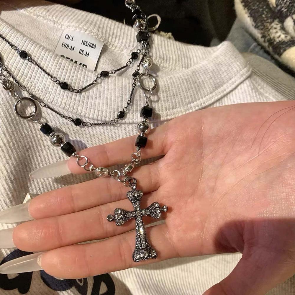 Punk Hiphop Black Cross Pendant Necklace for Men Women Y2K Gothic Multi Layer Chain Rhinestone Necklace Cool Jewelry Gifts