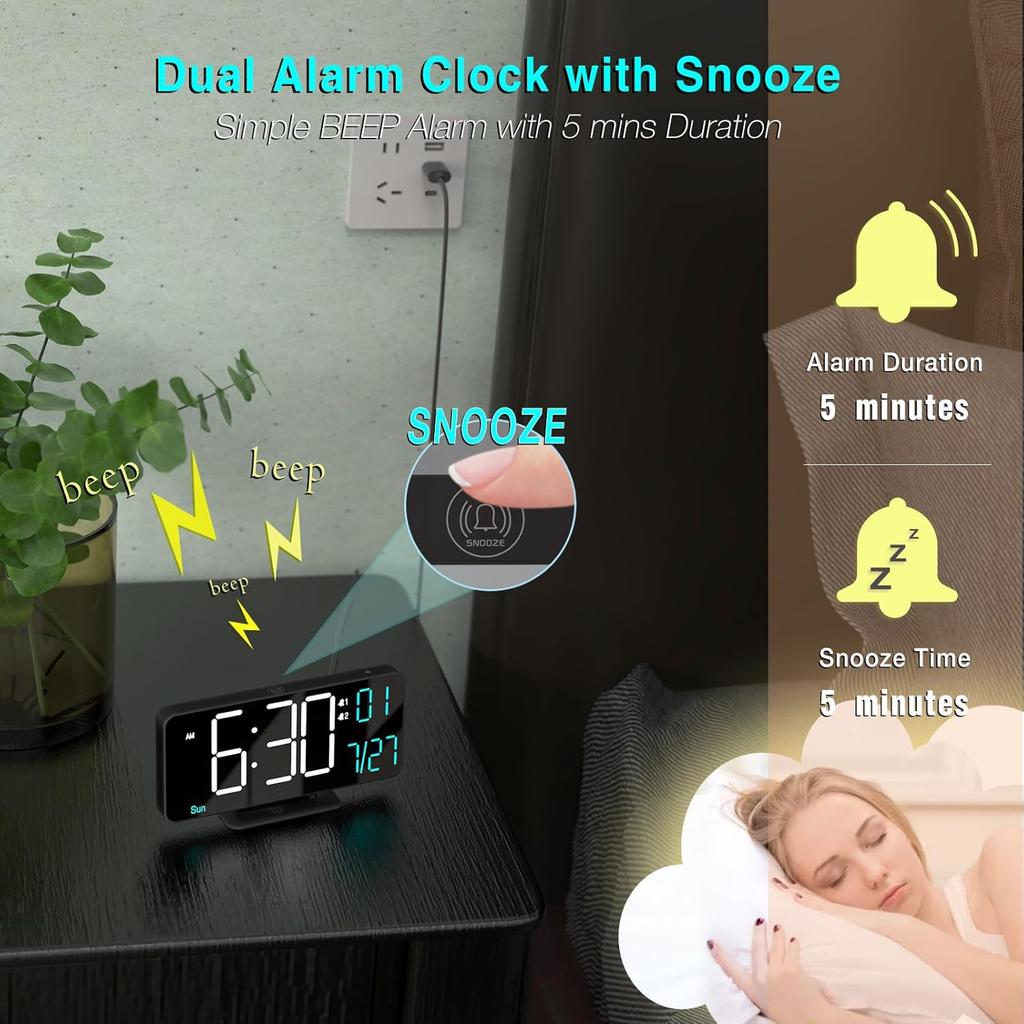 KOSUMOSU Digital Clock for Bedroom 6.7in Small Digital Alarm Clock Black, Dimming,12/24h,Date,Day of Week, Indoor Temperature,Desk Clocks for