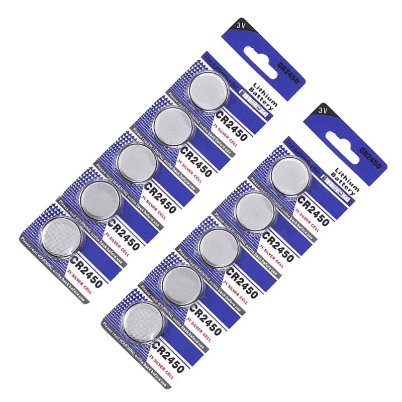 Pacote de 5/10 pilhas tipo moeda CR2450, bateria de lítio CR2450 3V para relógios, calculadoras e muito mais