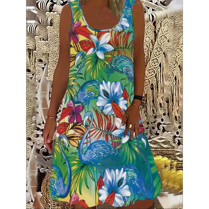 Large Women's Tropical Floral Flamingo Print Sleeveless Dress Suitable for All Seasons
