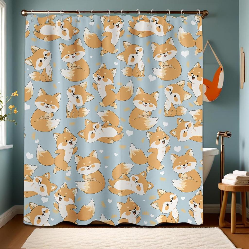 Cute Fox Shower Curtain Kids Toddler Cartoon Animal Shower Curtains for Bathroom Decor, Waterproof Cloth Fabric with Hooks 70" W