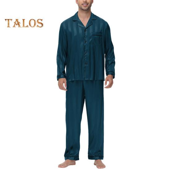 2-teiliges Pyjama-Set für Herren aus Seidensatin mit Knopfleiste, langärmeligem Pyjama-Oberteil mit Reverskragen, vorderer Knopfleiste, Brusttasche, lange Hose, Nachtwäsche