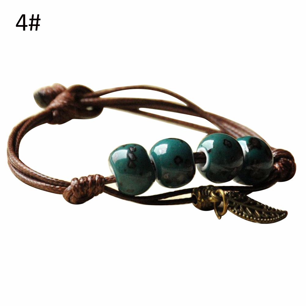 Diamonding Jewelry Ethnic Leaf Cat Charm Ceramics Beaded Bracelet Women Handwoven