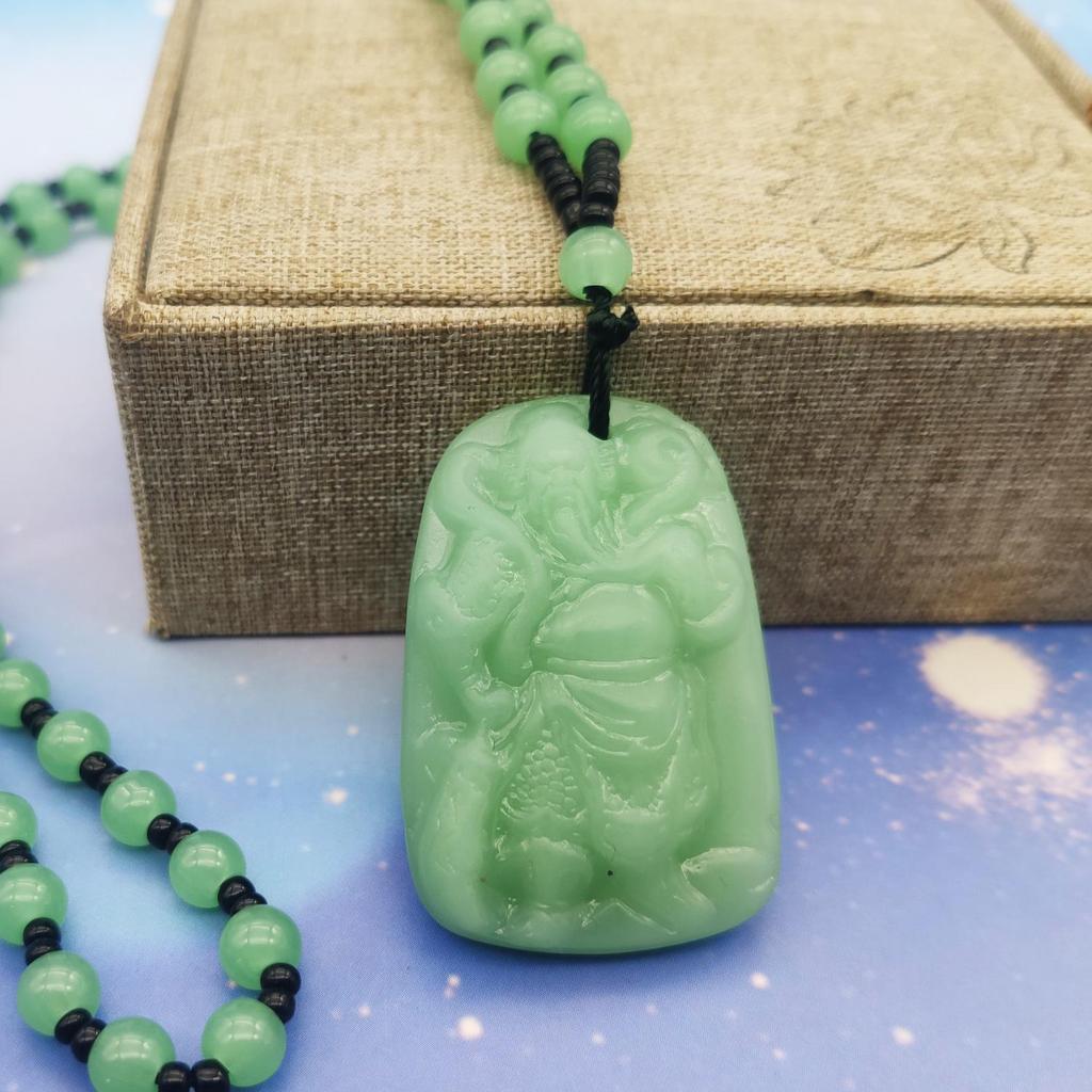 Unisex Green Jade Guanyin & Guan Yu Pendant Necklace – Imitation Chalcedony Buddha & Dragon Sweater Chain