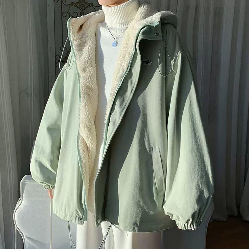 Winter Loose Korean Style Workwear Coat Women Thick Fleece Lined Jacket Vintage Fashion Clothes