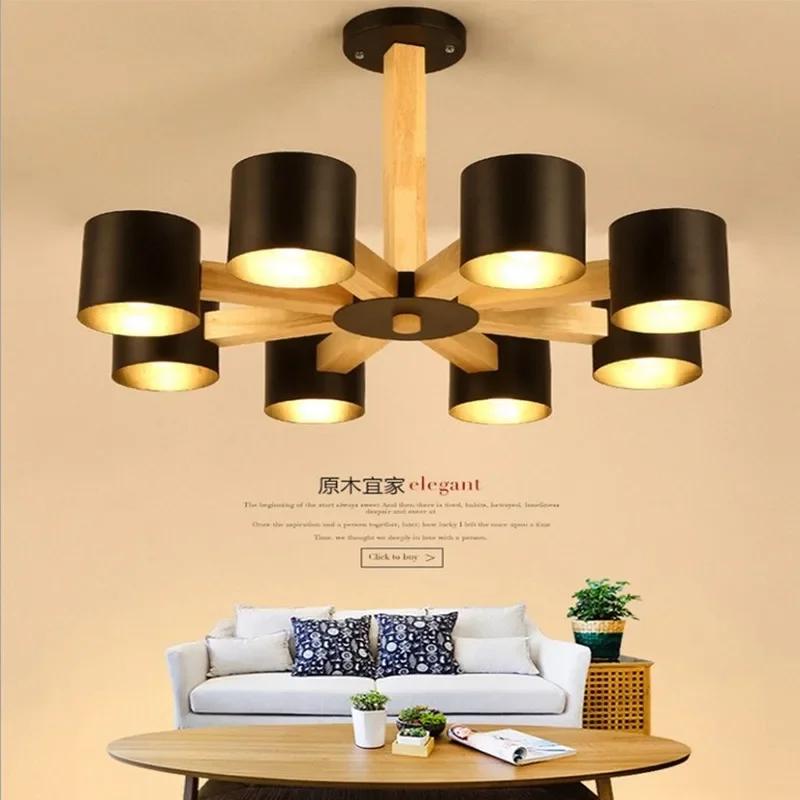 Nordic Modern Wrought Iron Solid Wood E27 Chandelier Bedroom Kitchen Living Room Restaurant Personality Lighting Fixture Home De