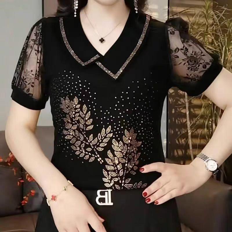 

2025 лето новая мода лацкан футболка с коротким рукавом женская однотонная с горячими бриллиантами уменьшающая возраст тонкий топ M чёрный