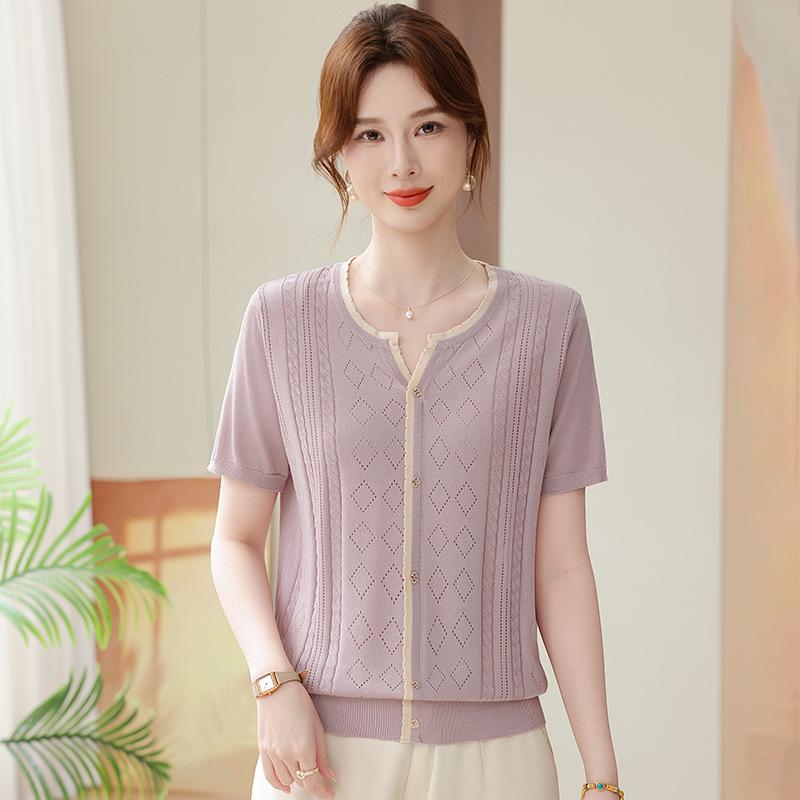 Ice Silk Loose Knit Cardigan T-shirt: Women's Summer Short-Sleeved Sweater for Middle-Aged and Elderly Moms