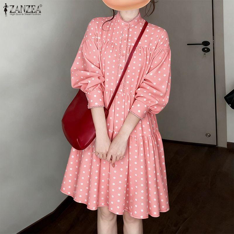 

ZANZEA Women Stand Collar Loose Casual Long Sleeve Polka Dots Printed Dress 3XL