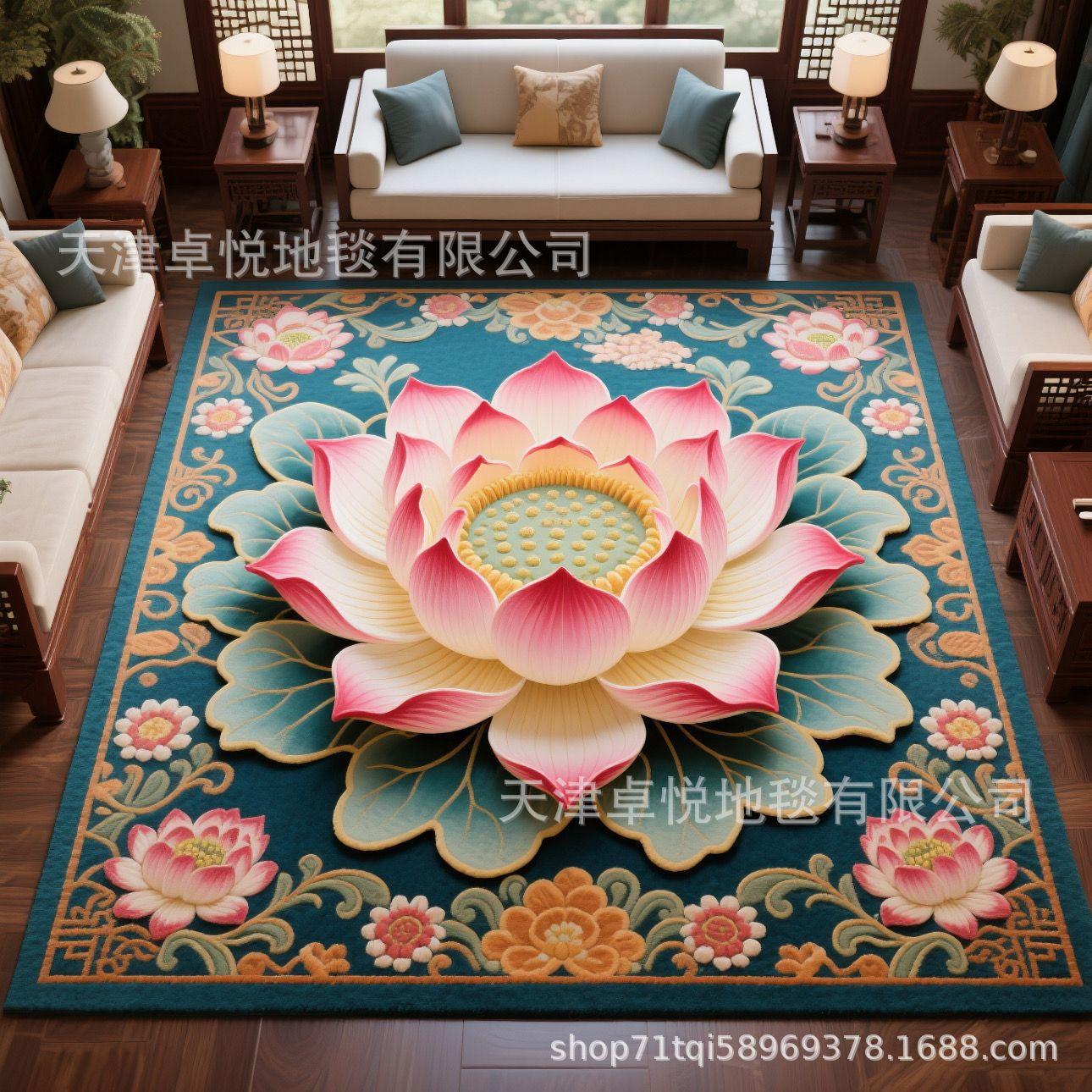 

Ковер в новом китайском стиле, ковер «Лотос», противоскользящий, простой в уходе, легко чистится, напольный коврик 120 * 120Cm