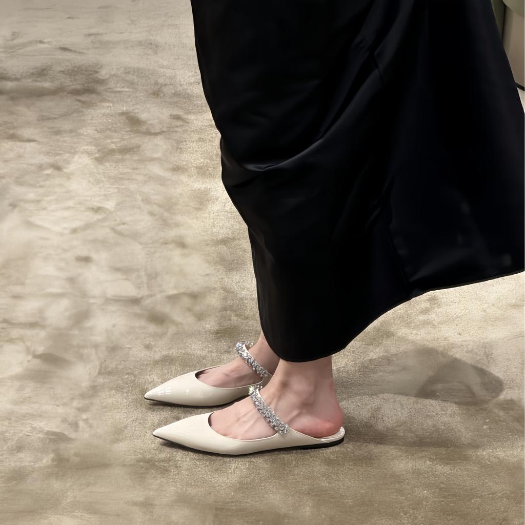 Sheepskin Version~ Summer Wear Leather Bag Head Flat Bottom Half Slippers Women's High-grade Cool Slippers Pointed French Half Tray