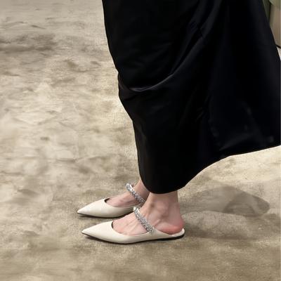 Sheepskin Version~ Summer Wear Leather Bag Head Flat Bottom Half Slippers Women's High-grade Cool Slippers Pointed French Half Tray
