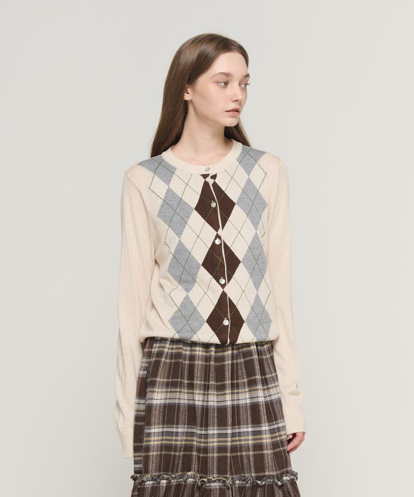 Cargobros For Woman Argyle Check Knit Cardigan (Beige)