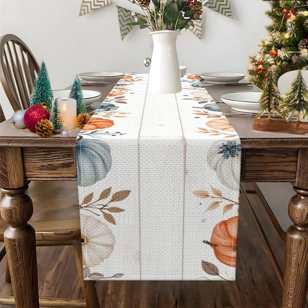1 Piece Of Autumn-Themed Watercolor Table Runner With Pumpkins, Autumn Leaves, And Small Flowers, Suitable For Autumn And Thanksgiving Decorations