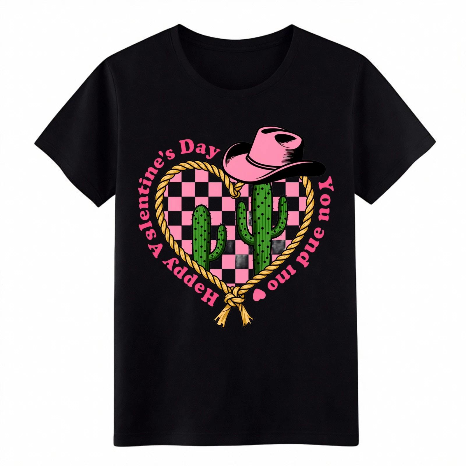 Valentine s Day Cactus Cowboy Hat Pink Checkered Heart T-Shirt Western Tee 4XL