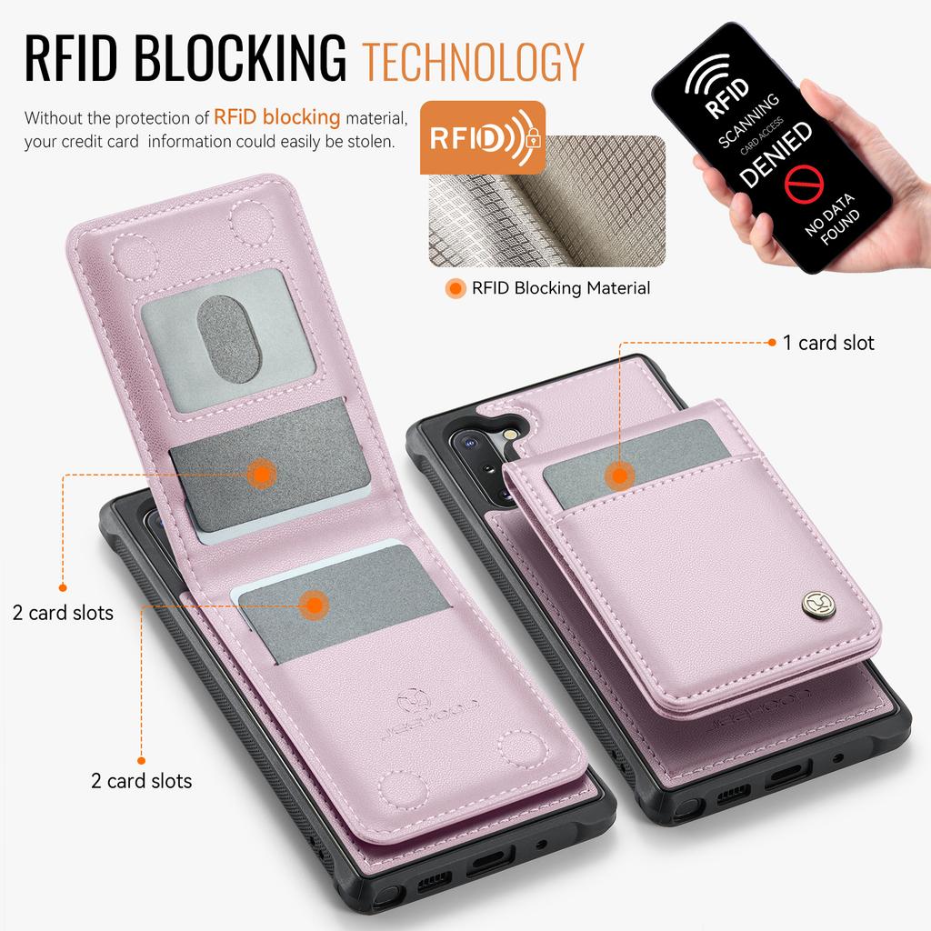 For Samsung Galaxy Note 10 4G Leather Back Cover Compatible with MagSafe JEEHOOD J06 Phone Case with Card Bag RFID Blocking